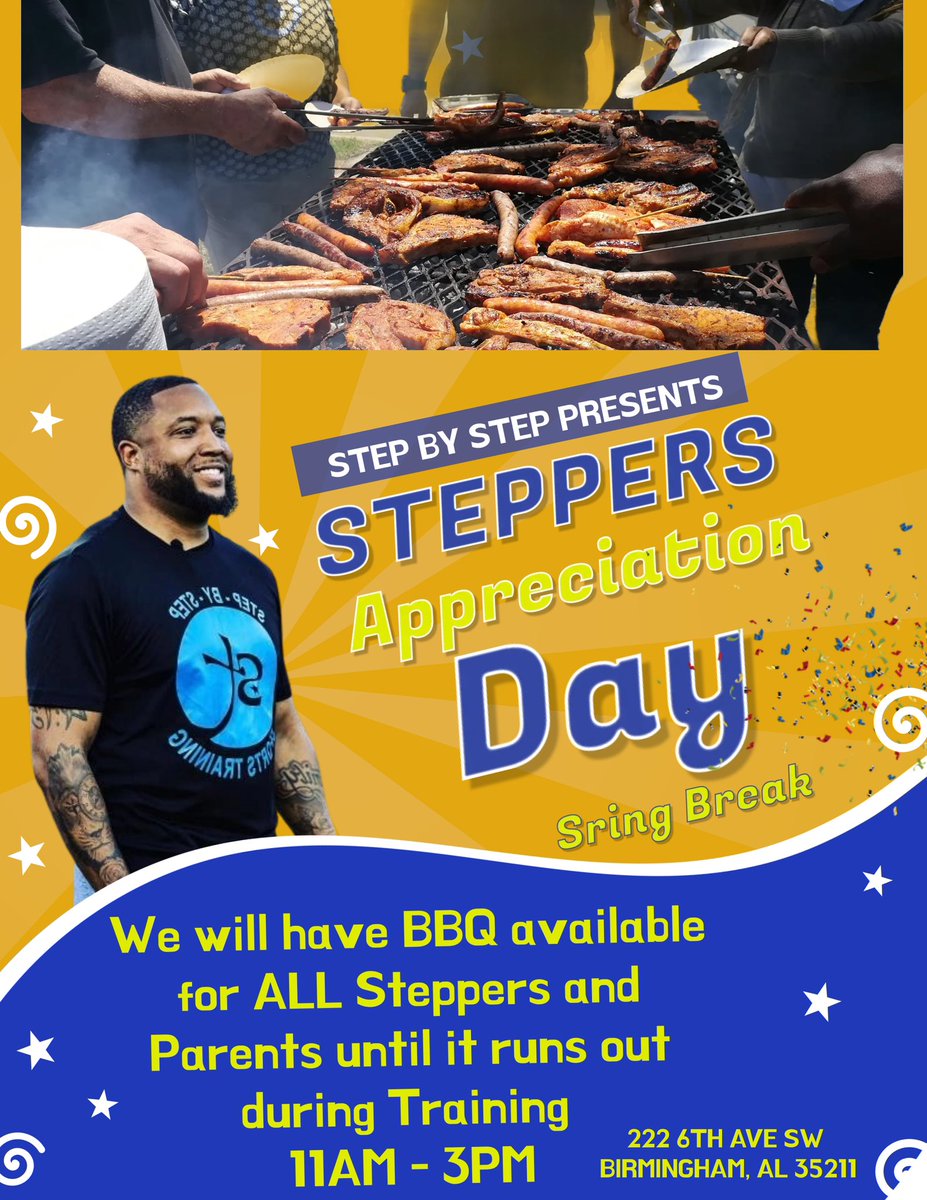 This Saturday right before we head back to school from Spring Break….Steppers Spring Appreciation Day! Regular Schedule Training, but grab you a plate on the house….Steppers & Family!