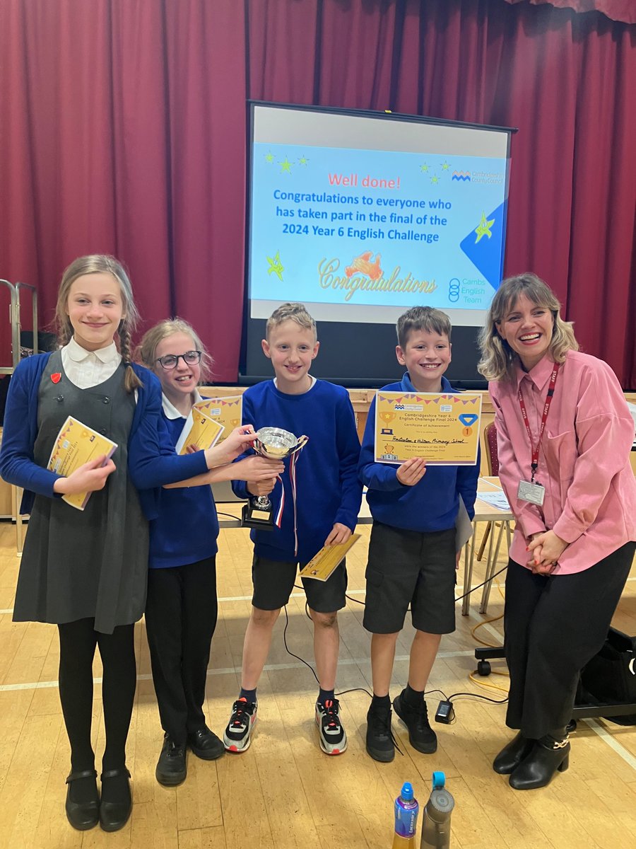 Cambridgeshire Year 6 English Challenge 2024 Winners - Fenstanton and Hilton Primary School! 🏆 Our whole school are so proud of these children, who represented us so wonderfully well. It was great to share the success in this morning's assembly! You are all superstars! ⭐⭐⭐⭐