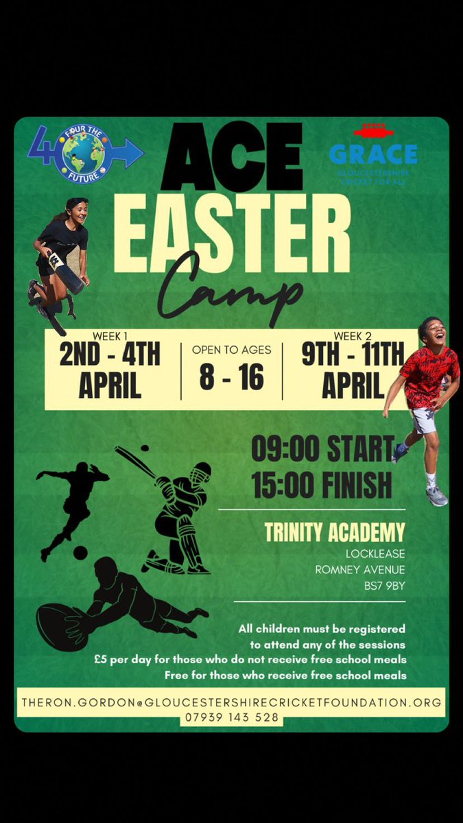 Last couple of days before the Bristol Easter fun begins
All attendees need to be booked so make sure to grab your spot for your chosen days!!

buff.ly/49gYn7Q

#ACE #ACEProgrammeCricket #4TheFuture #GlosFoundation #Grace #EasterBreak #EasterHoliday