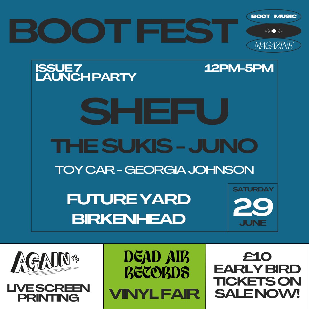 #BOOTFEST is coming to @future_yard on June 29th 🎉 A daytime Summer party filled with the most exciting indie acts in Merseyside ✨ Ft. @ShefuBand @thesukisband @junobanduk @toycarmusic & Georgia Johnson⚡️ Early Bird tickets are just £10 - seetickets.com/event/boot-fes…