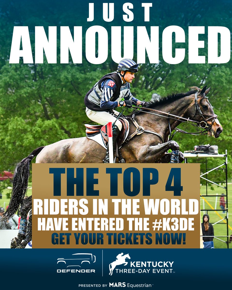 Breaking News: The top 4 Eventing riders in the world according the the FEI world rankings have all entered the 2024 Defender Kentucky Three-Day Event! Get your tickets now to see showstoppers like them compete on this grand stage! 🏆 kentuckythreedayevent.com/tickets