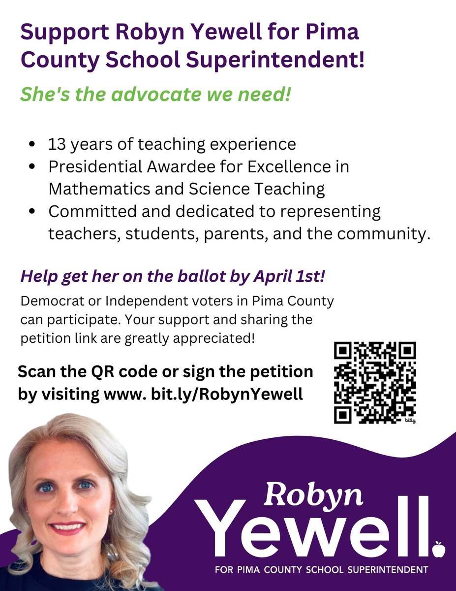 Calling all educators in PIMA County- help get a fellow science teacher on the ballot! <a href="/RobynYewell/">Robyn Yewell</a> is the advocate we need &amp; needs signatures to get on the ballot for Pima County School Superintendent, let's go! Only takes 5 minutes! 
Link to sign➡️ bit.ly/RobynYewell