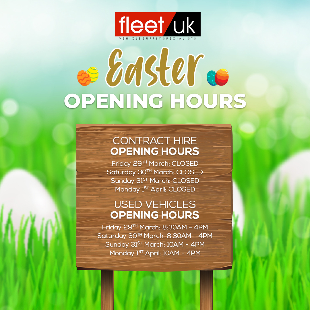 Please note our opening hours are changing slightly during the Easter period.

We'll be back to our regular schedule on Tuesday, ready to assist you. Have a good holiday break! 🐰

#Easter #FleetUK #CarLeasing #Leasing #VehicleLeasing #VanLeasing