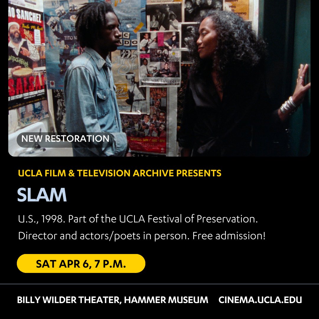 Join us and @UCLAFTVArchive on April 6 for a free screening of SLAM (1998) at the 21st UCLA Festival of Preservation. The festival will showcase 10 features, 4 TV programs, over a dozen short films — all newly preserved and restored. Free! cinema.ucla.edu/festival