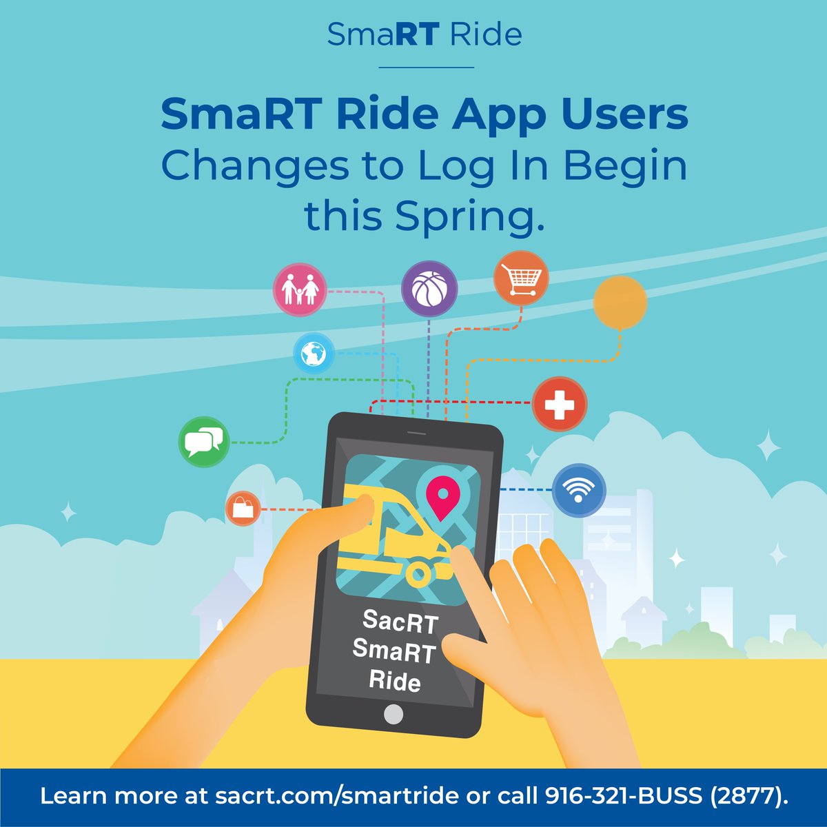Attention SacRT SmaRT Ride App Users! Riders will soon see a new log in option. This option will send riders a “one-time password” via text message or phone call. Riders can log in with this option rather than needing to remember their password sacrt.com/smartride.