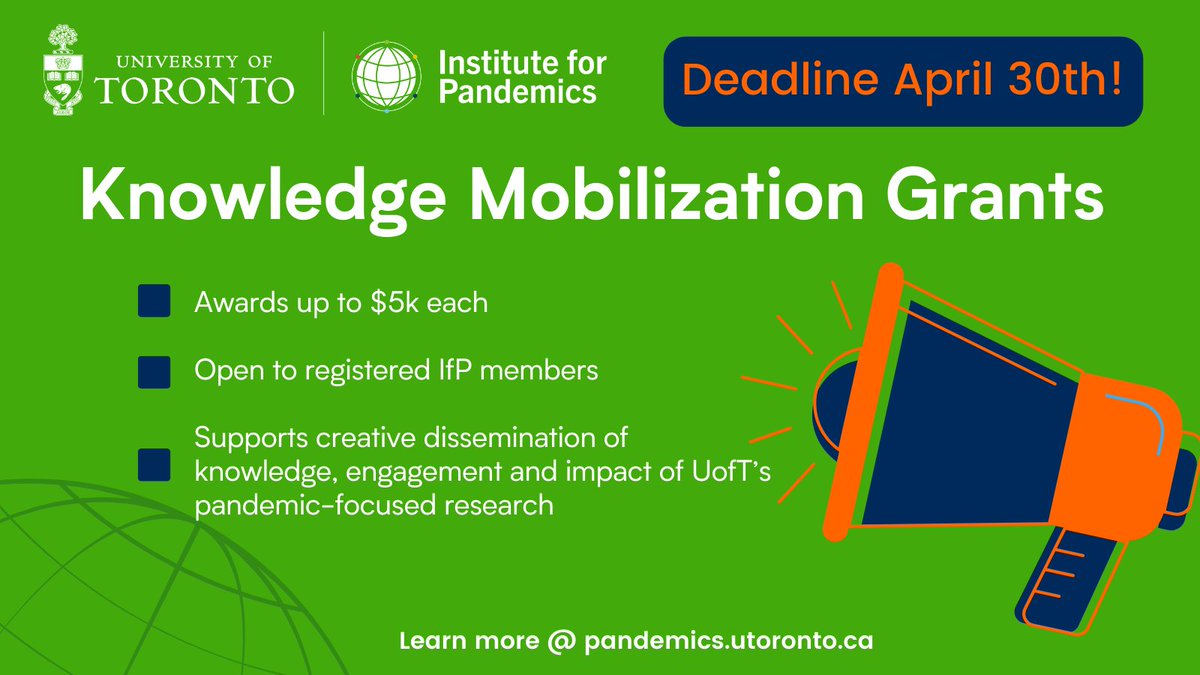 We just launched our 2024 #KnowledgeMobilization Grant competition!

The competition is open to IfP members with primary faculty appointments at @UofT.

Full details on our website: pandemics.utoronto.ca/knowledge-mobi…