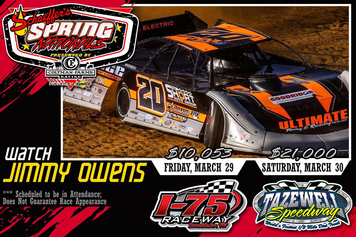Watch @JimmyOwens_20 in action with the @SchaefferOil #SpringNationals in a pair of big events on Friday at @i75raceway & on Saturday in the Lil’ Bill Corum Memorial at @Tazspeedway! If you are unable to make it to the track, watch every lap this weekend LIVE on @FloRacing. 🏁