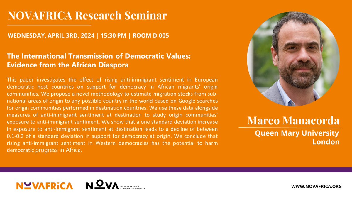 .@MarcoManacorda @qmuleconomics will give a @novafrica seminar on 'The International Transmission of Democratic Values: Evidence from the African Diaspora' on Wed April 3, 3:30pm (PT time) in D005 @NovaSBE Zoom:🔗bit.ly/4Na21lE More:🔗bit.ly/N_SeminarSeries #EconTwitter