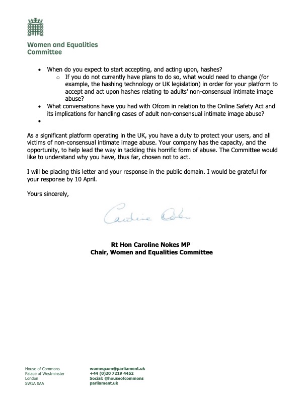 .@StopNCIIorg has developed technology to help tackle the issue of revenge porn, but some platforms have not signed up to use it. Read our letters to @Microsoft @Pinterest @X and others👇 committees.parliament.uk/publications/4… committees.parliament.uk/publications/4…