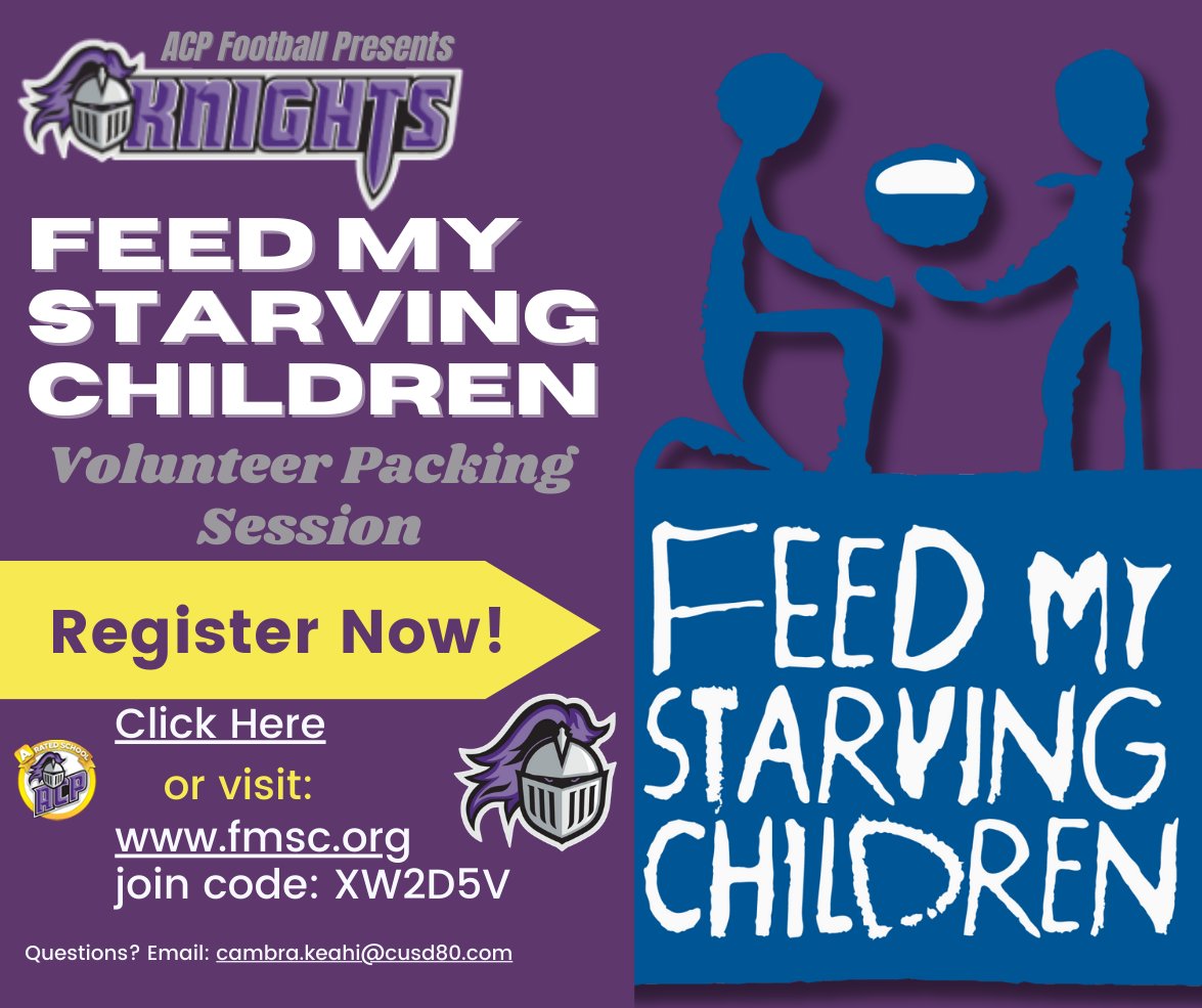 Join ACP Football and volunteer at #FeedMyStarvingChildren by registering today! @ACPKnights @ACPKnightTimes @ACPAthletics @ACPFootball17 @VaughtCoach @CoachBartz @JMyrickJr