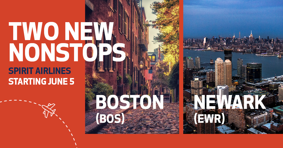 Feeling Spirited? ✈️ Starting June 5, @SpiritAirlines will be offering nonstop service to both Boston (BOS) and Newark (EWR). This means faster connections and more convenient travel options for East Coast destinations. Head over to Spirit.com to book your flight!