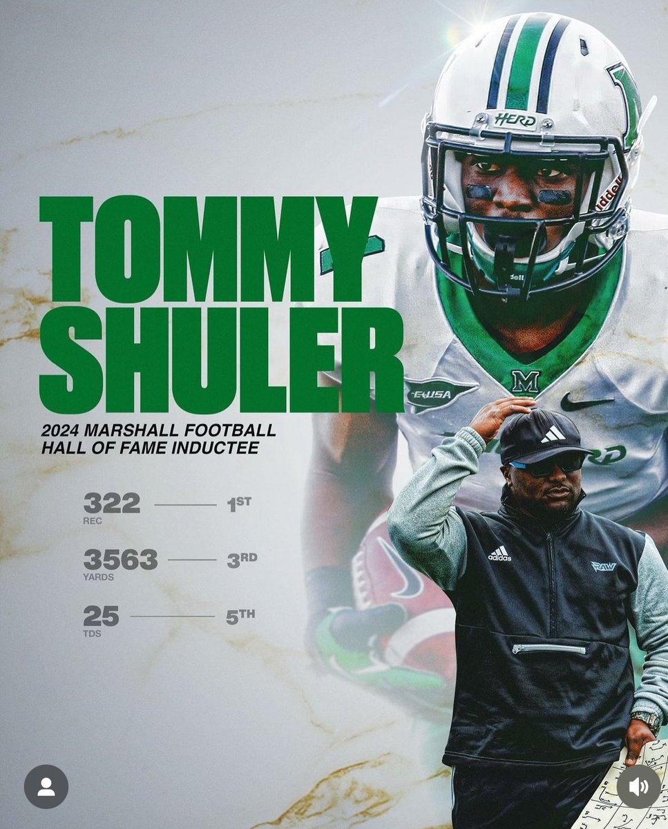 Marshall All-Time Great WR Tommy Shuler announced via his Instagram that he has been inducted into the Marshall Hall of Fame Class of 2024!! By any metric, Tommy is one of the best EVER to run a route for The Herd. His resume is mind-boggling. Congratulations Shuuuuu!! 🦬⚡️🦬