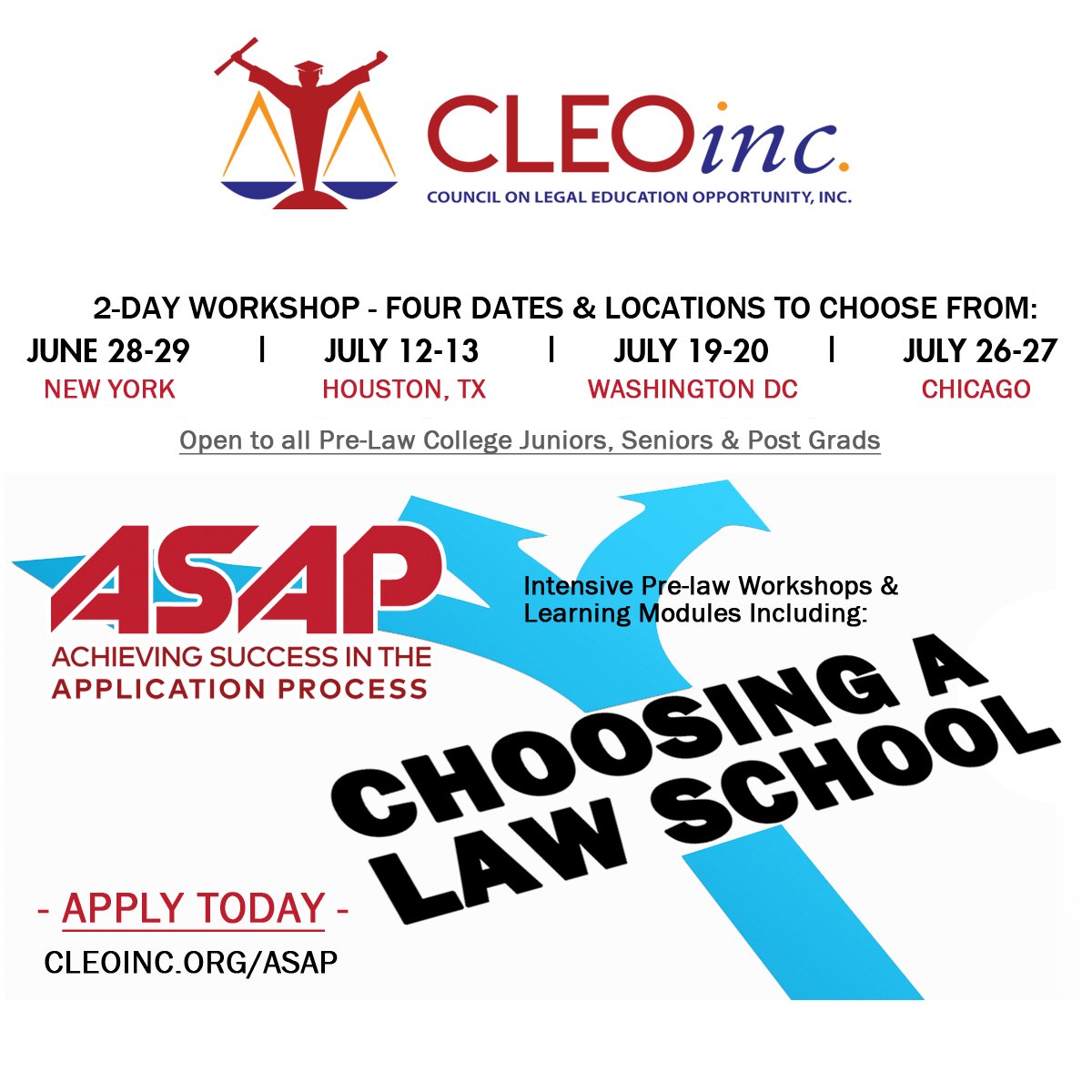 cleoscholars's tweet image. Join us this summer for a 2-Day law school application preparation workshop. Among other topics, you’ll learn about choosing the right law school based on fields of study, future career path, location, financing that is best for YOU! CLEOINC.ORG/ASAP - #lawschoolprep