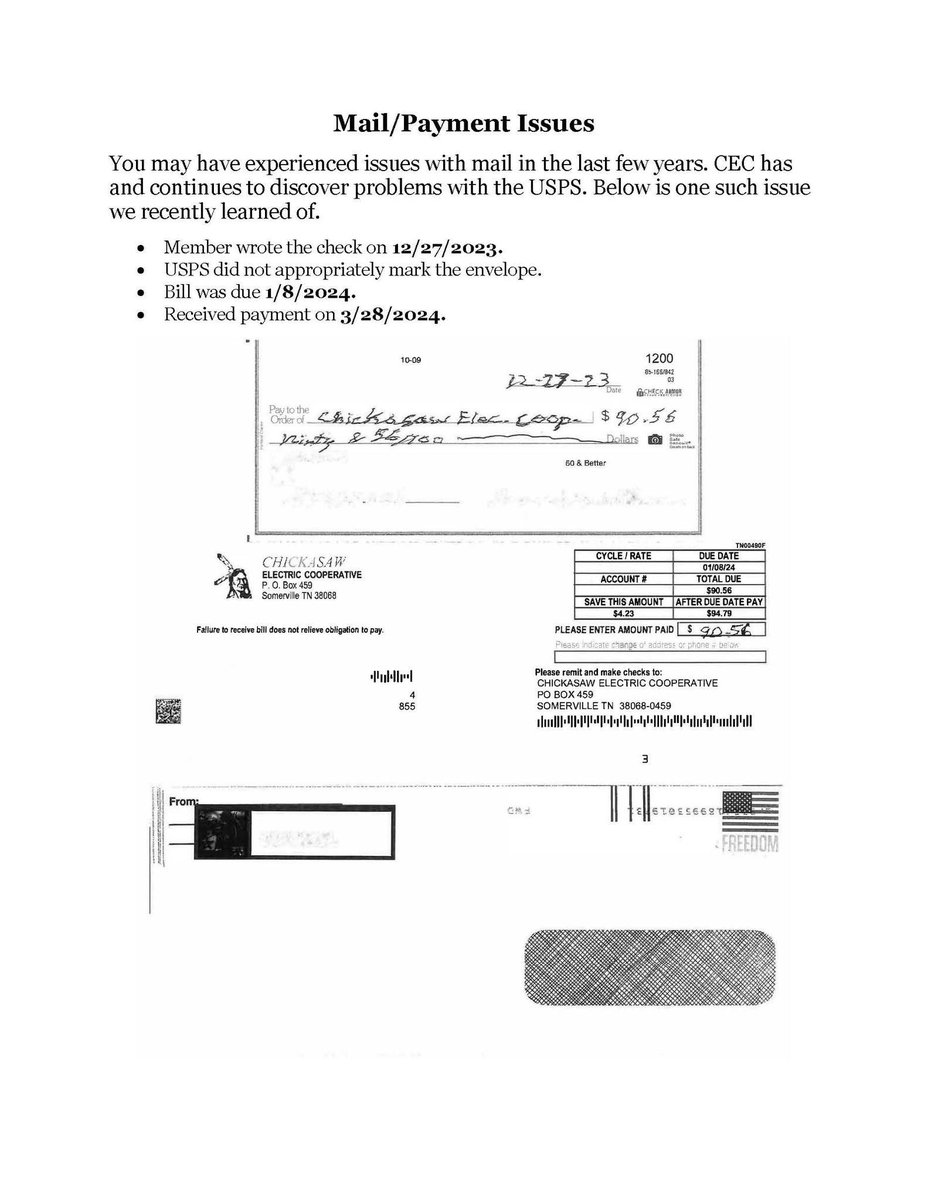 ChicksawECoop's tweet image. You may have experienced issues with mail in the last few years. CEC has and continues to discover problems with the USPS. Below is one such issue we recently learned of.