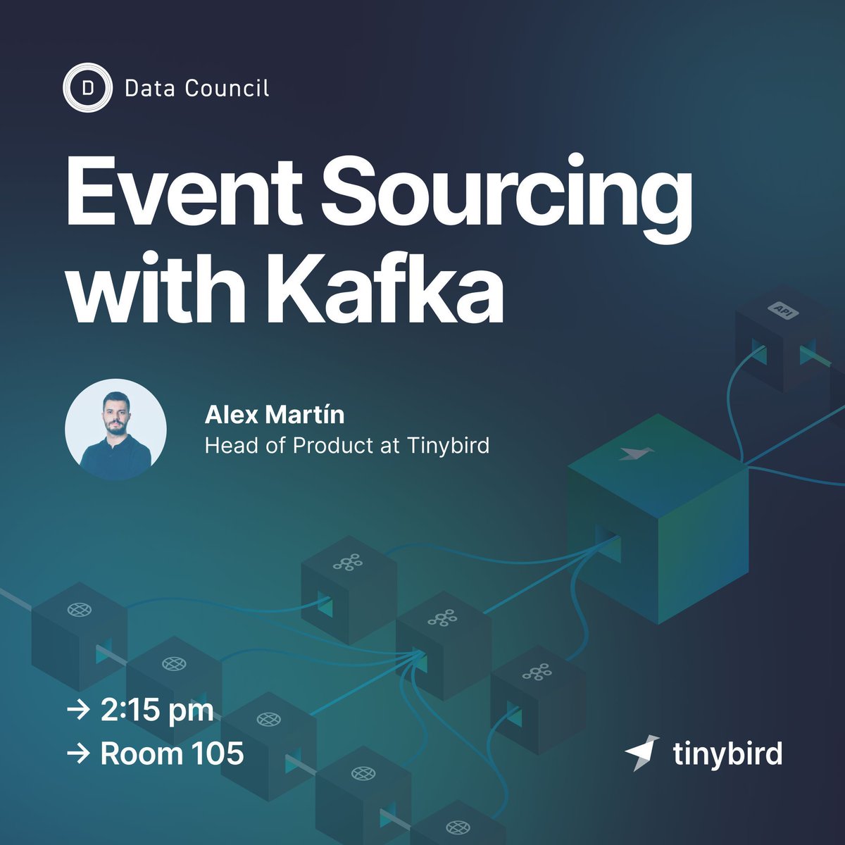 Hey @DataCouncilAi, ever heard of Event Sourcing? Come hear from @alejandromav in Room 105 at 2:15 PM to learn the ins and outs of building application state over streaming Kafka data using Tinybird. #DataCouncil