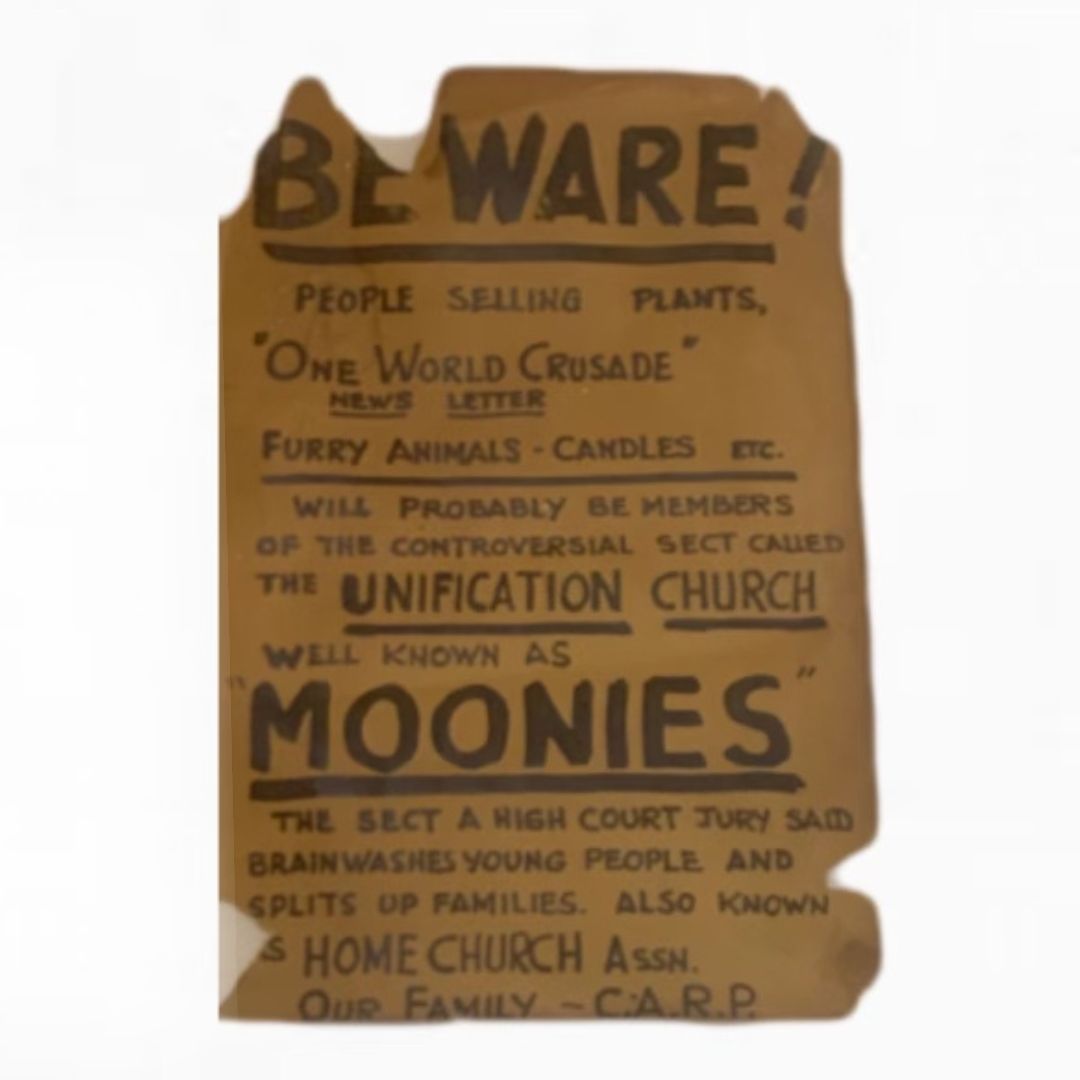 From the Archive: 'Beware of the Moonies' poster that we believe was distributed in the early 1980s. 

This poster is one example of how the fears surrounding the Unification Church were manifested in the late 20th century.

#archive #religionandtheology #historicalimages