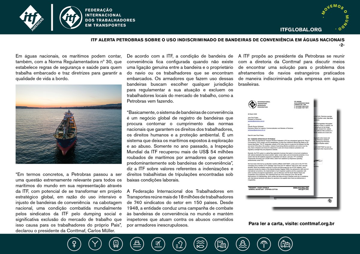 #Brasil🇧🇷Em carta enviada a #Petrobras, a ITF cobrou da empresa respeito à legislação brasileira e às convenções internacionais que orientam armadores a contratar navios de bandeira nacional em vez de dar preferência a afretamentos de embarcações estrangeiras #SomosITF