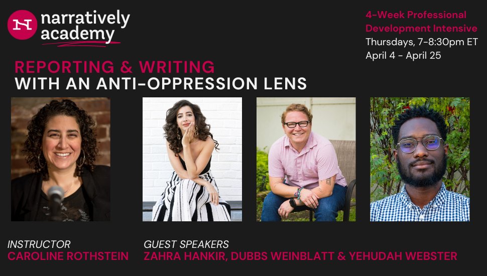 This is happening each Thursday in April. Sign ups & more info here: narratively.com/p/anti-oppress… There are both freelancer & newsroom / publication group discounts available. Grateful to @Narratively & our 3 brilliant guest speakers. Come through, y'all. #amwriting #journalism