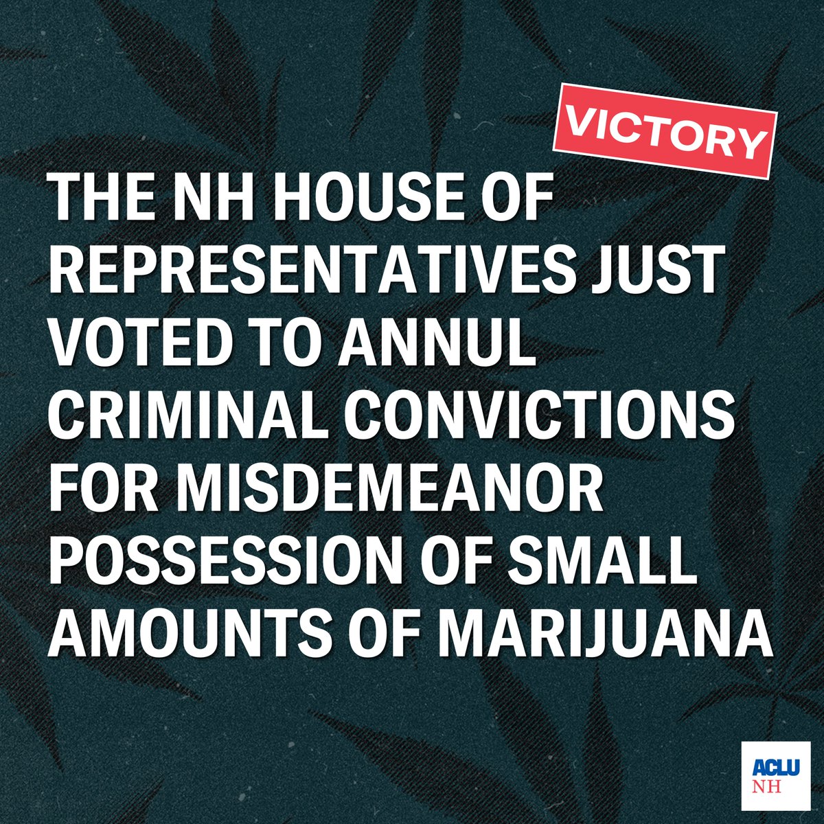 VICTORY: In a vote of 283-80 the NH House just voted to annul criminal convictions for misdemeanor possession of small amounts of marijuana. #nhpolitics