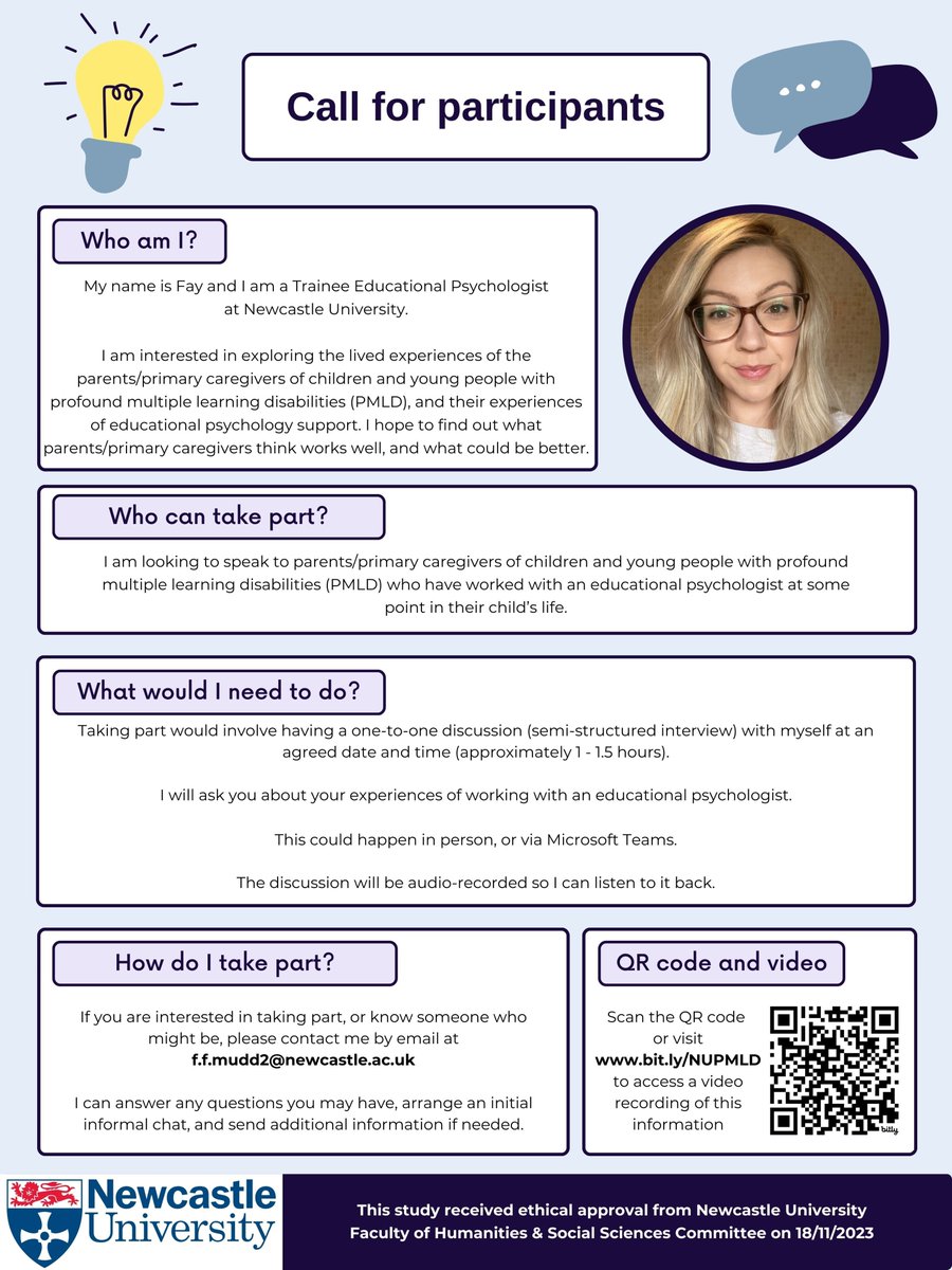 🗣️Are you a parent/carer of a child with profound multiple learning disabilities (PMLD) who has worked with an educational psychologist? I'd love to speak with you.

✉️Visit bit.ly/NUPMLD3 or email f.f.mudd2@newcastle.ac.uk for more information. 

#TwitterEPs #PMLD #PIMD