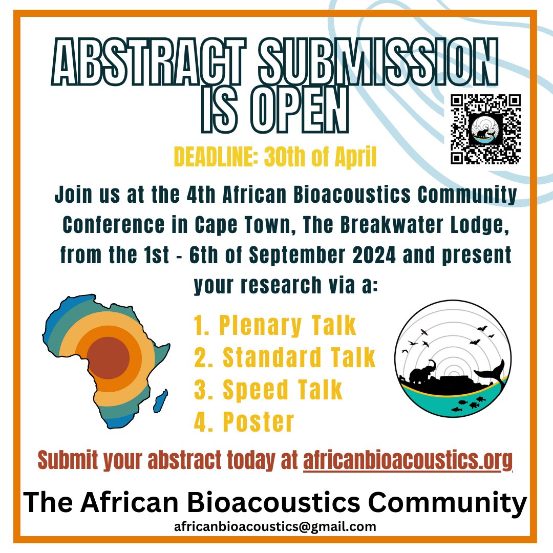 We are accepting nominations for Plenary Speakers for the 4th African Bioacoustics Conference happening from the 1st to the 6th of September this year. Speakers can be at any career stage. Self-nominations are permitted. Submit your nominations to africanbioacoustics@gmail.com.