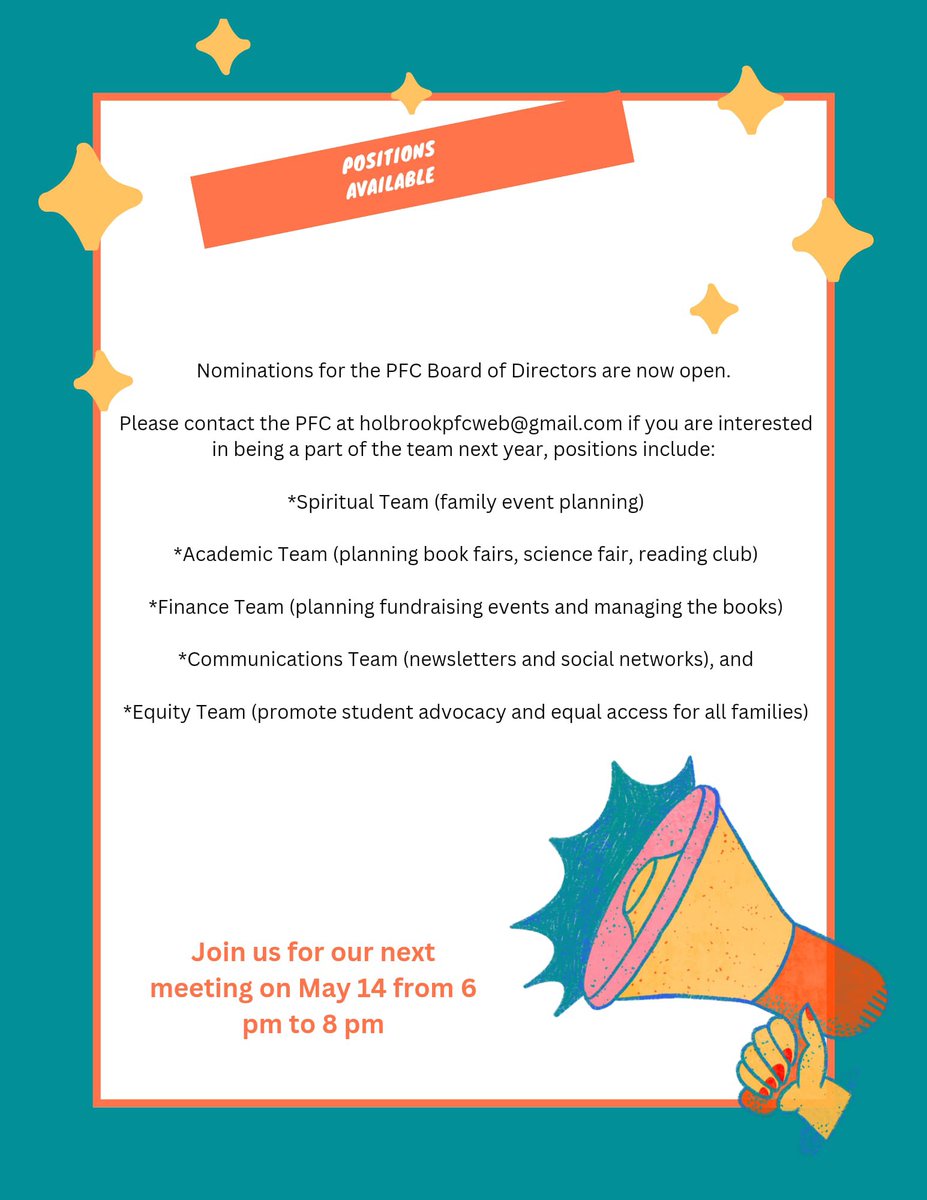 Have you heard of the PFC? Do you know how the PFC supports our school? Did you know there are many ways 2get involved? Please join us for a Parent Info Night on April 10th to learn about the PFC & how you can volunteer, as we are always looking for additional support!