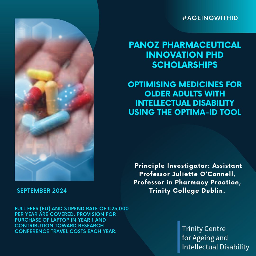 📢 PhD Scholarship at TCAID 📢 🔹 Panoz Pharmaceutical Innovation PhD Scholarships 📅 Sept 2024 💸 Full fees (EU) & €25,000/yr stipend covered. 💊 OPTIMA-ID Tool for Older Adults with ID 👩‍🎓 PI: @Juliette_OConn ➡ Details: pharmacy.tcd.ie/research/Panoz… #PhD #Scholarship