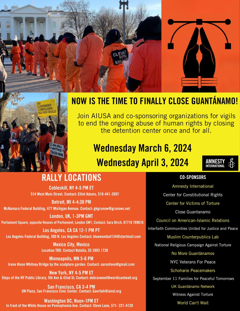 GuantanamoAndy's tweet image. Wed Apr 3: The next monthly coordinated global vigils for #Guantanamo's closure, at locations across the US, inc. the White House, &amp;amp; in London &amp;amp; Mexico City. Please join us - 1st Weds of every month. Last month's photos &amp;amp; report here: andyworthington.co.uk/2024/03/09/pho…