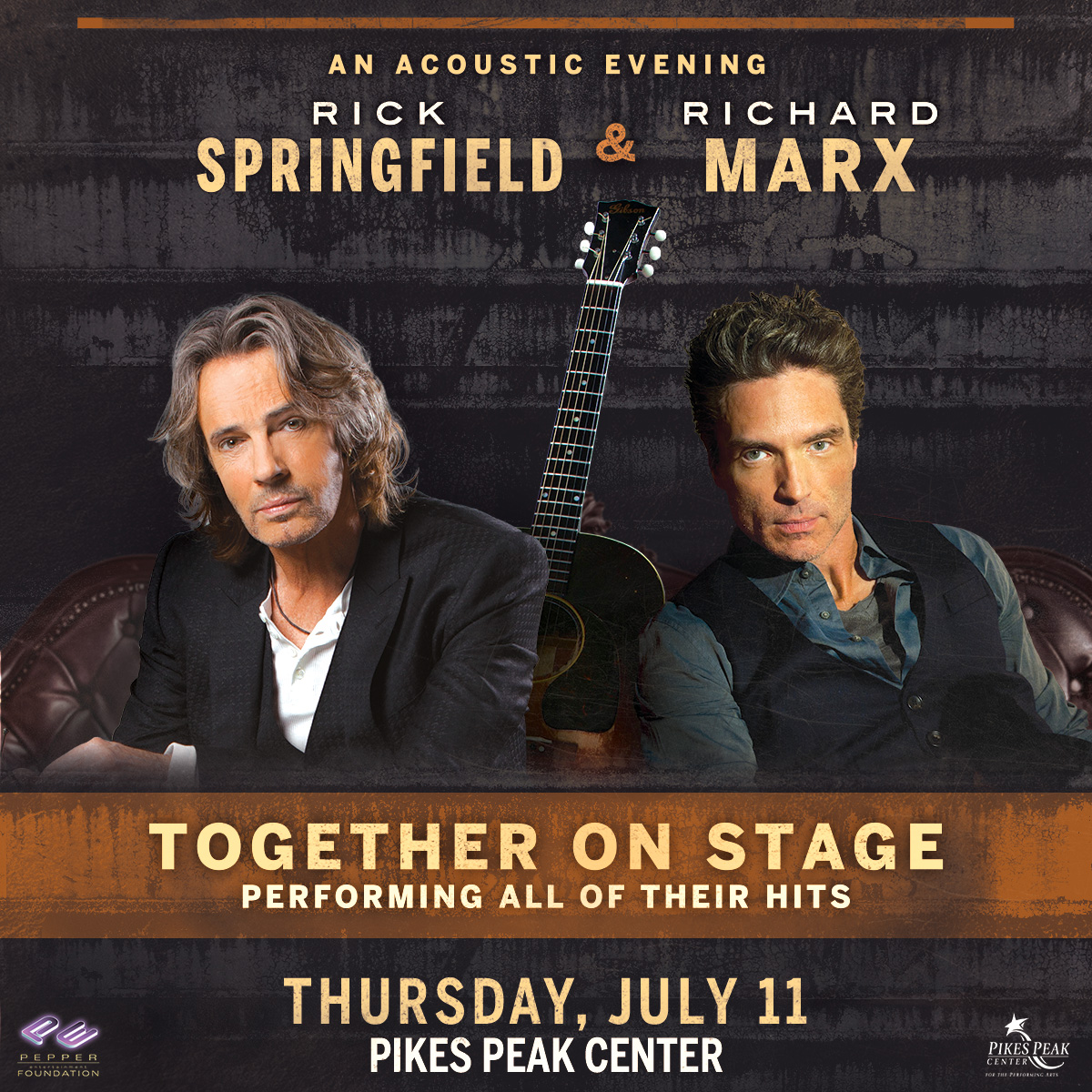 Tickets On Sale! Purchase here: bit.ly/3xfvwDu #PepperPresents An Acoustic Evening with @rickspringfield & @richardmarx Together On Stage, Thursday, July 11th at Pikes Peak Center