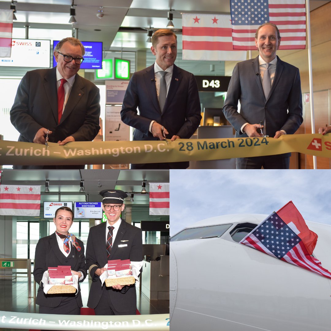 Exciting inaugural flight from Zurich to Washington D.C. 🤩 Honored to have U.S. Ambassador Scott Miller and our CEO Dieter Vranckx cut the ribbon, marking the start of our new route and strong Swiss-American relations. 🇨🇭✈️🇺🇸 #flyswiss #LX72 #WashingtonDC