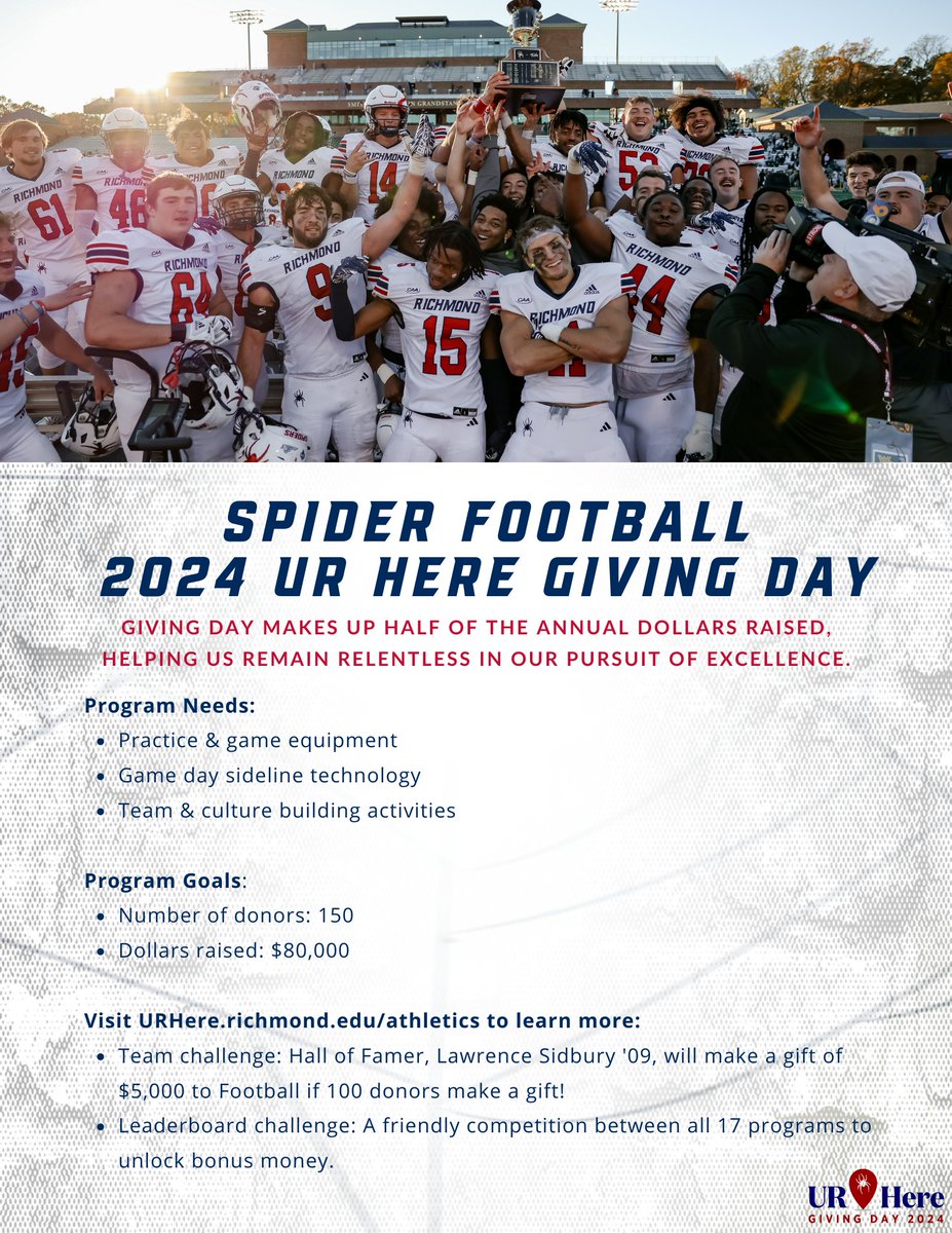 Head Coach Russ Huesman hopes you will support Spiders Football during this year’s #URHere Giving Day April 3 and 4! Click the link below to make your gift early! 🔗 spides.us/43BT7dz #OneRichmond #URHere