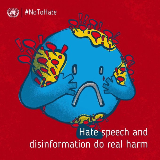 Hate speech and disinformation can spread quickly, both online & offline. We all have a part to play in stopping it in its tracks. Amplify facts, call out mis- and disinformation, and educate yourself & others to say #NoToHate. un.org/en/hate-speech