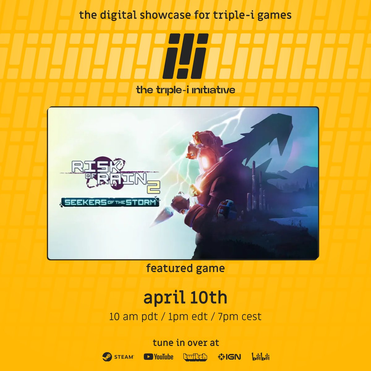 The @iii_initiative is a brand new showcase aiming to elevate the top independent creators in video games. Join us April 10th at 10am PDT to check out an exclusive Risk of Rain 2 reveal alongside content from 30+ other studios and publishers. Info: iii-initiative.com