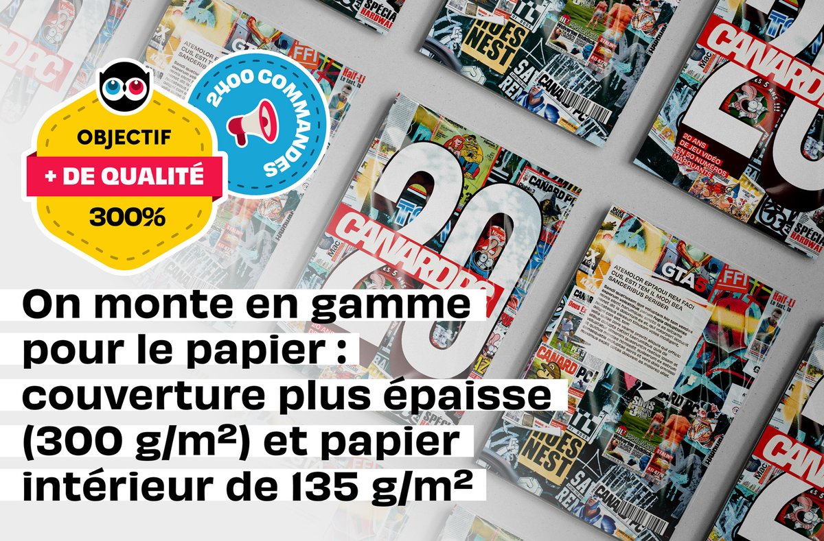 Palier 200% atteint, rabats de couverture validés ! Maintenant, visons une qualité supérieure : - Une couverture au papier plus épais (300 g/m²) - Un papier intérieur en 135 g/m² au lieu de 115. Résultat : un livre plus lourd et plus rigide ! fr.ulule.com/album-annivers…