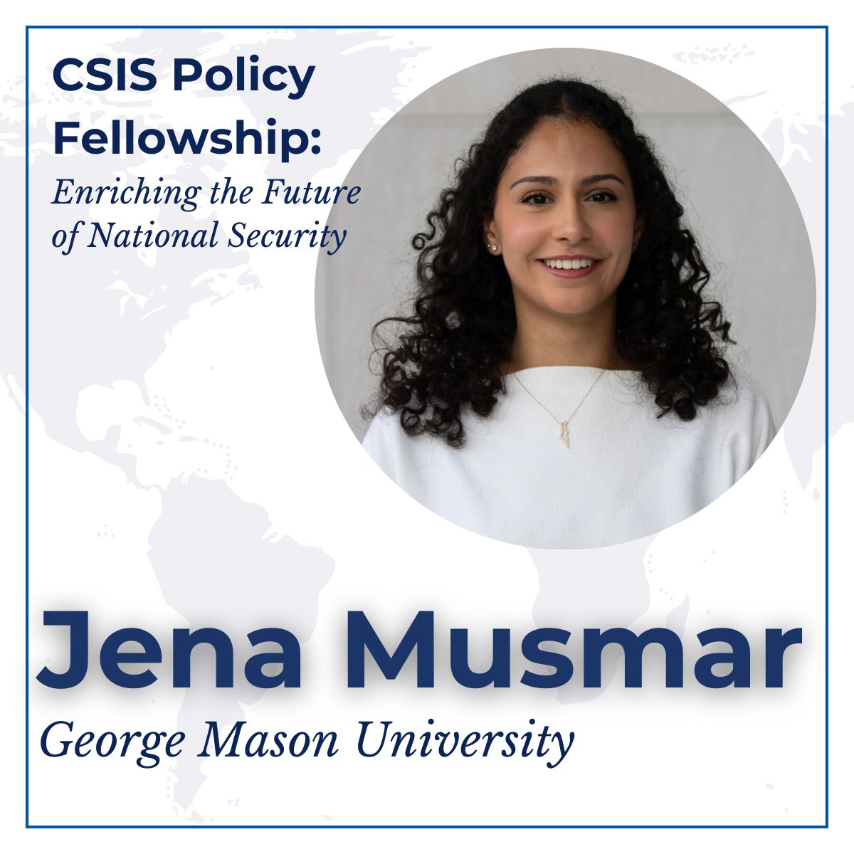 Meet Jena Musmar! #PolicyFellowSpotlight Jena is a senior at @GeorgeMasonU where she majors in government and int’l politics. She received Arab America's 20 Under 20 Award & @fairfaxcounty Peace Award and is interested in international criminal law. Welcome to CSIS!