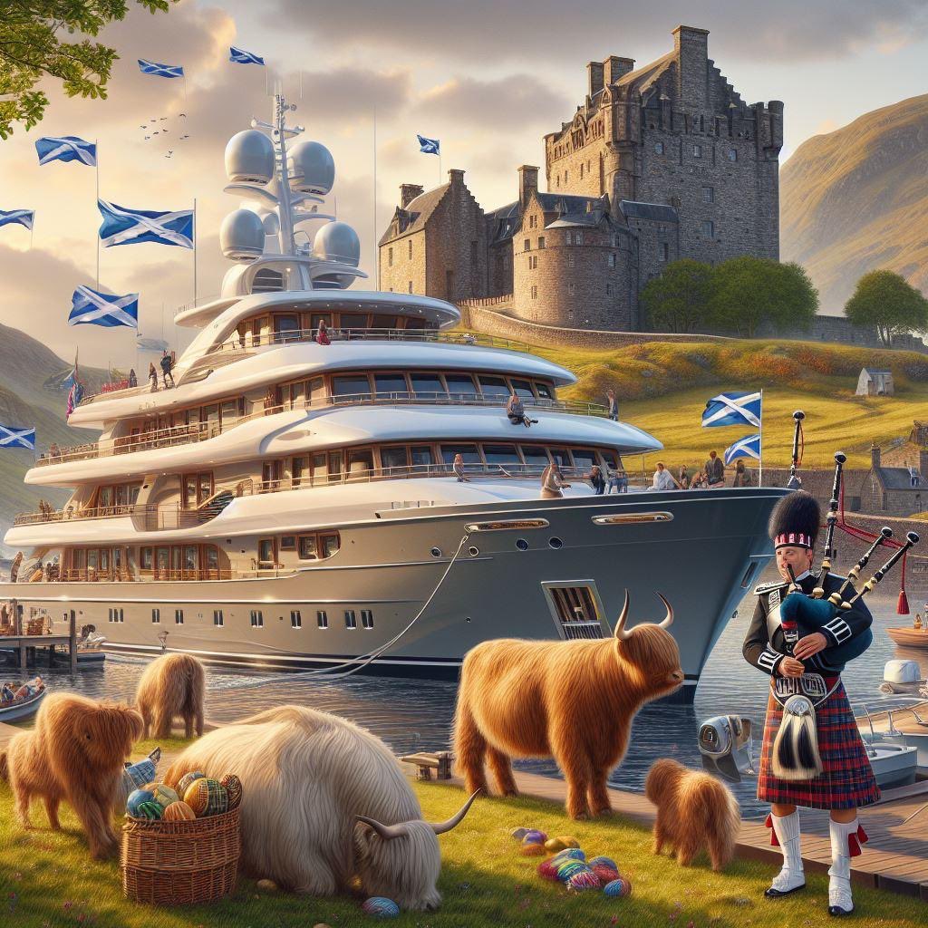 Have a fantastic Easter. I asked ChatGPT to create a Scottish Superyacht at Easter and this was the result. Note the Easter eggs in a basket.😊