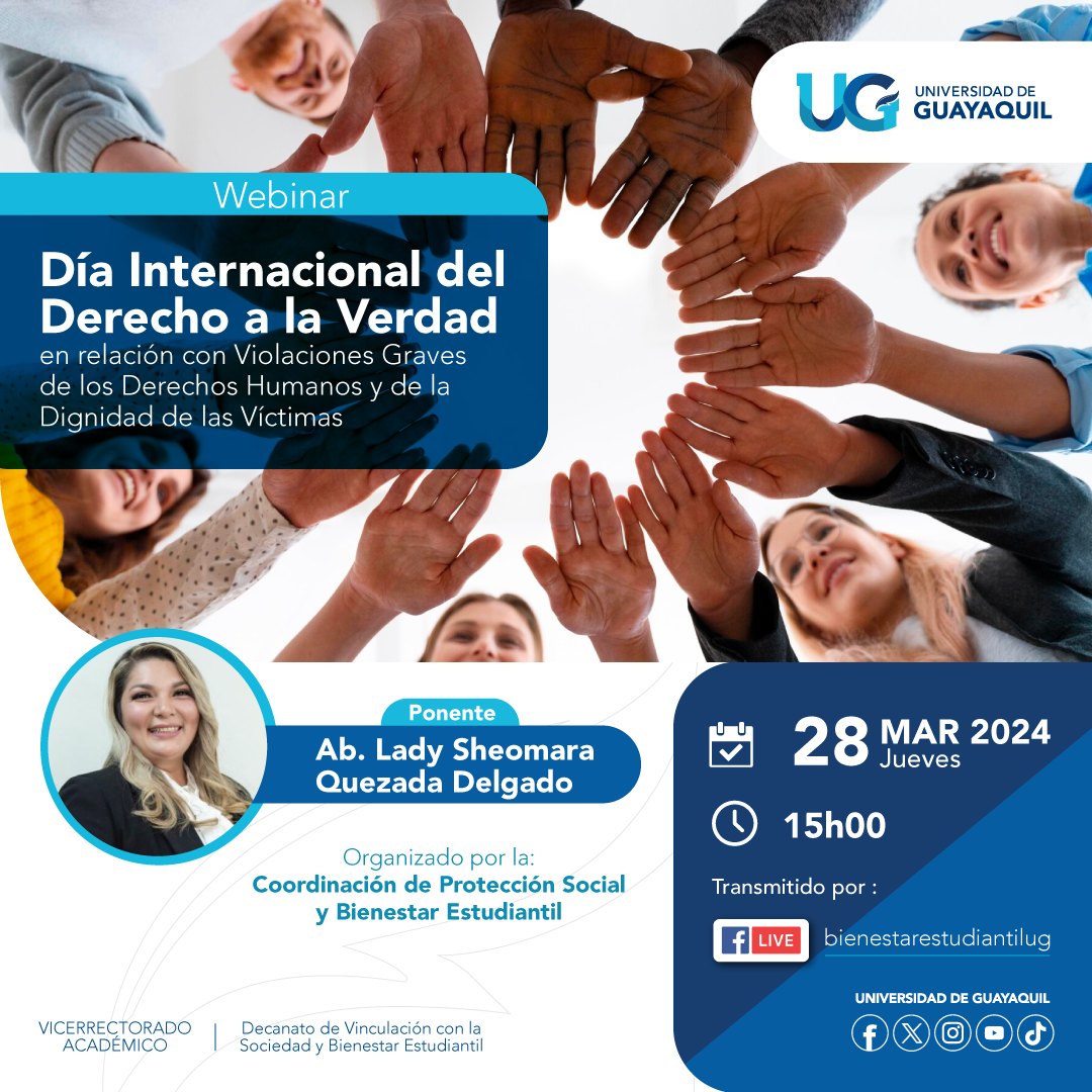bienestarug's tweet photo. #WebinarUG 
Día Internacional de Derecho a la verdad en la relación con violaciones graves de los derechos humanos y de la dignidad de las víctimas 
⏰ 15h00
📆 28 de marzo 2024 https://t.co/V6noe9OjvV