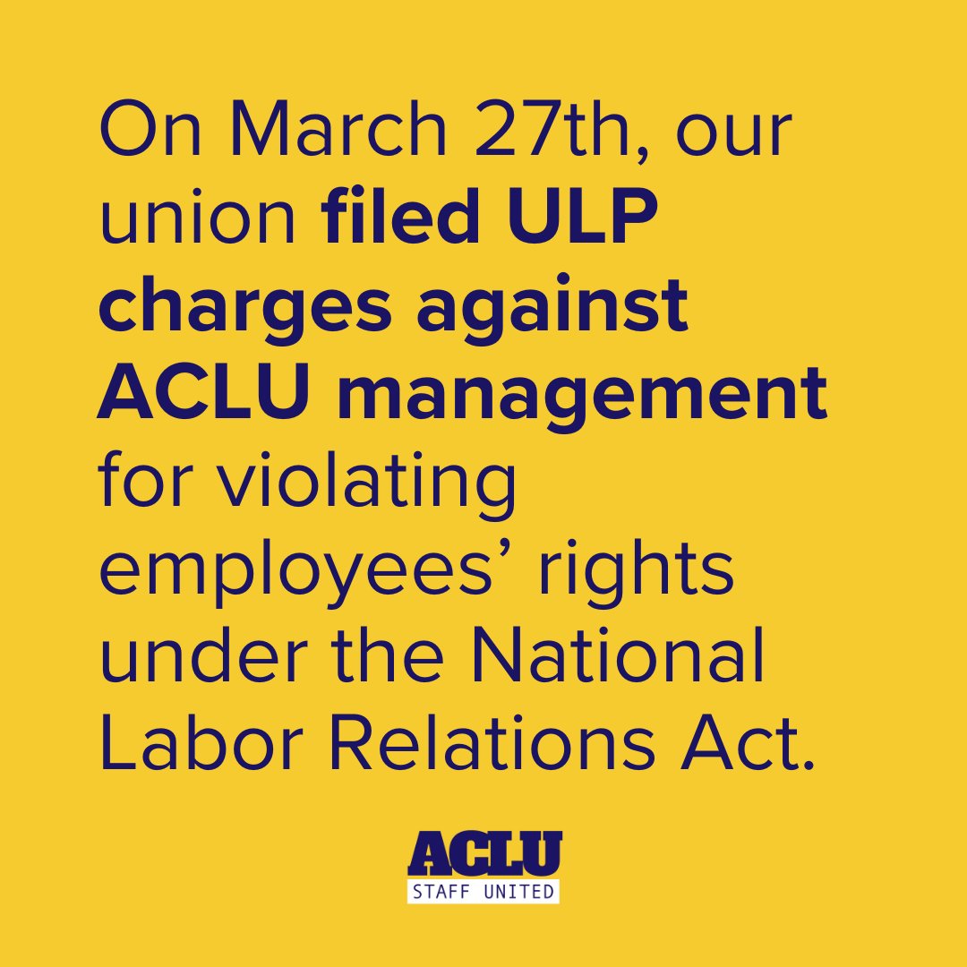 ACLUStaffUnited's tweet image. ACLU Staff United and @NonprofitUnion have filed unfair labor practice charges against ACLU’s executive management for violating employee rights under the National Labor Relations Act. nlrb.gov/search/case/Am…
