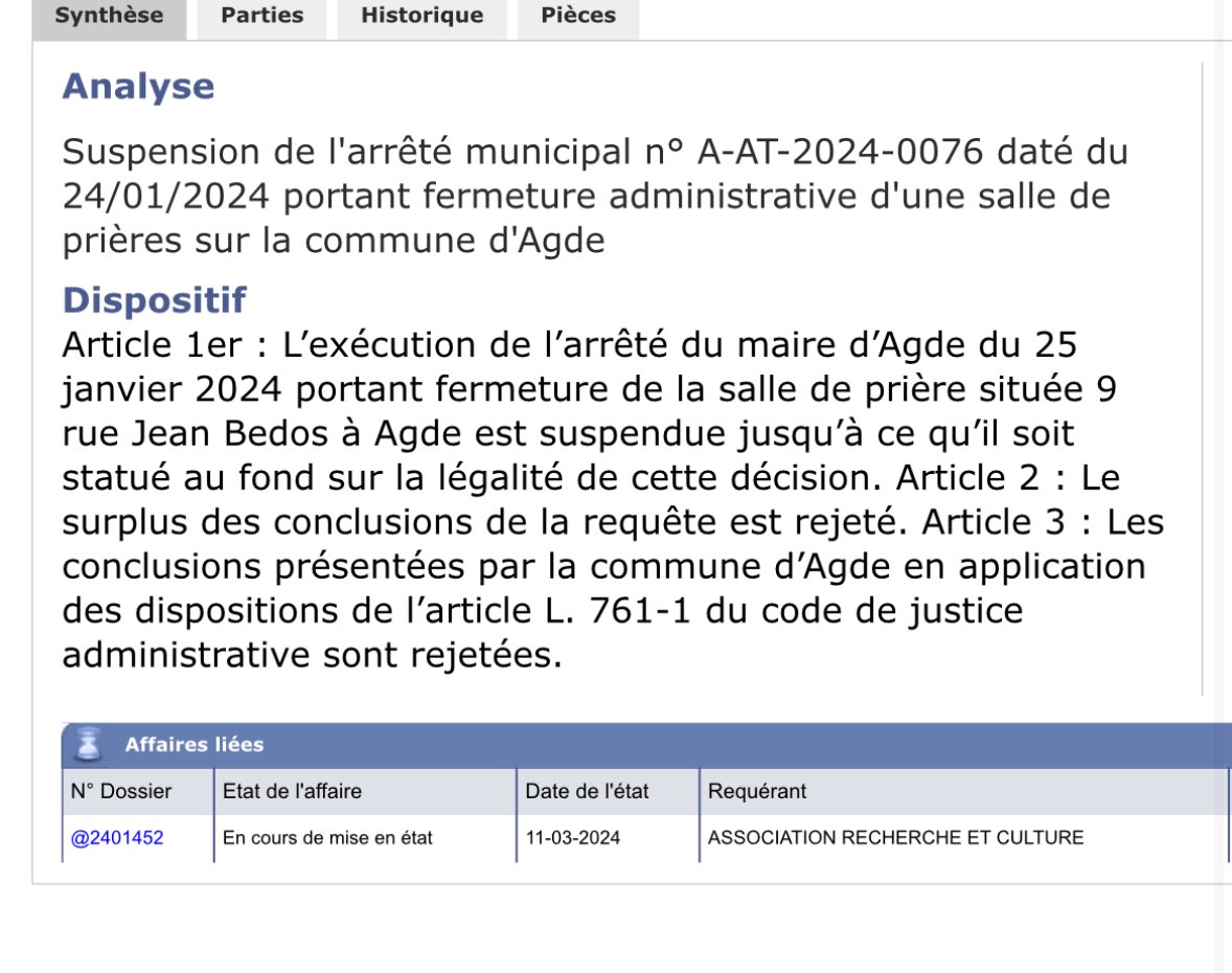 Nouvelle victoire du cabinet à l’instant pour la mosquée d’Agde injustement fermée depuis janvier 2024. Elle va pouvoir réouvrir immédiatement.