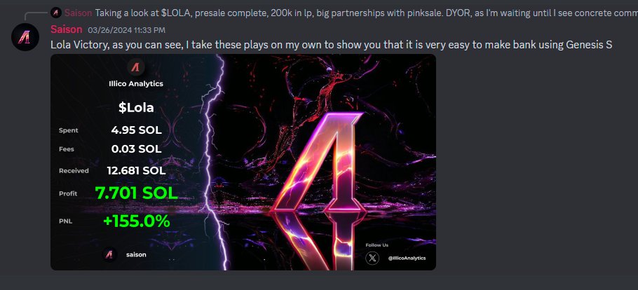 Our Founder <a href="/IllicoSaison/">saison</a> has Started his Own Call Channel &amp; Takes Trades Himself.

The Trades are Taken in a Live VC from Discord. It's Free for a Limited Time Only: discord.gg/illico

All of his 15 Calls from the Past 4 Days Have Been Victories. Examples Below. 👇