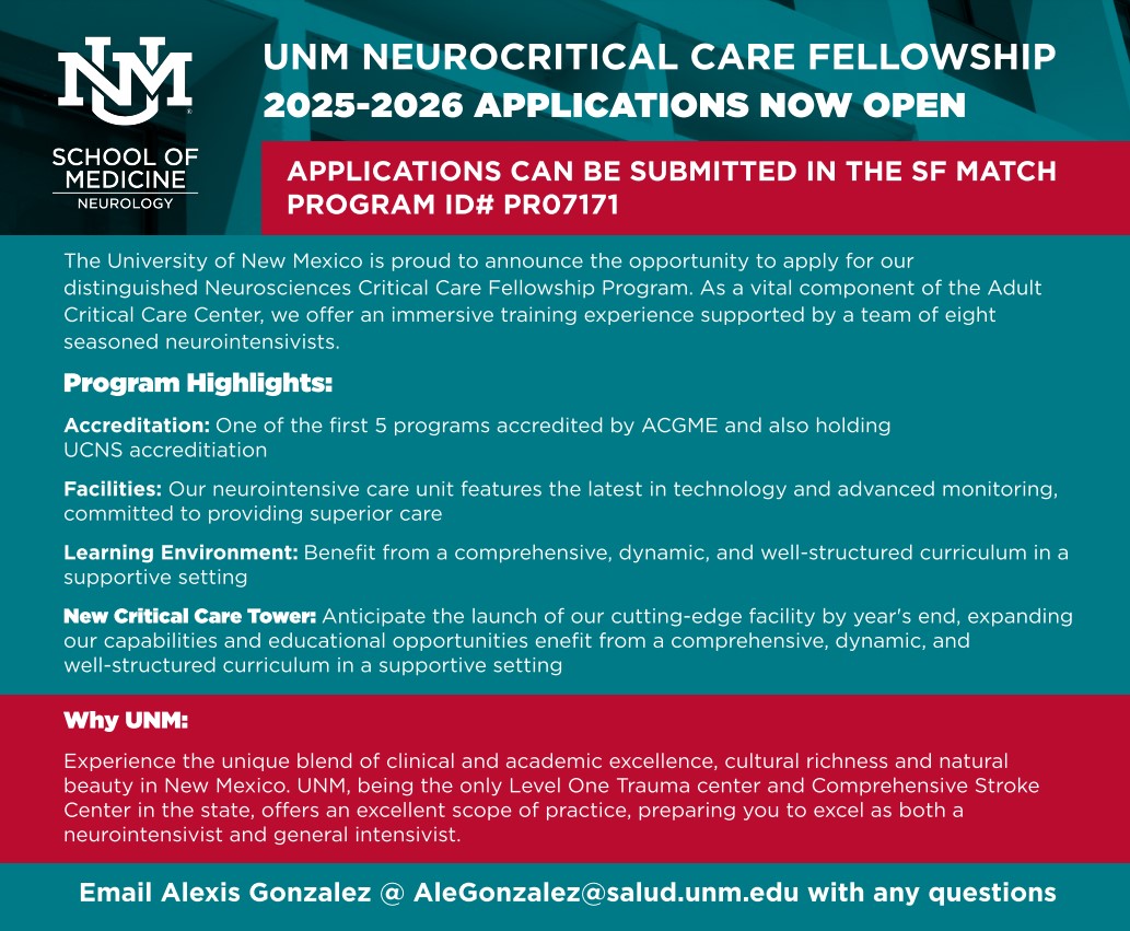 UNM Neurology (@unmneurology) on Twitter photo We are accepting applications for our Neurocritical Care Fellowship!
<a href="/UNMSOM/">Unm SOM</a> <a href="/icubraindoc/">Michel Torbey</a> <a href="/ICU2EEG/">Masoom J. Desai</a> <a href="/SFMatch/">SF Match</a> <a href="/neurocritical/">Neurocritical Care Society</a> <a href="/UNMHSC/">UNM Health Sciences</a> We are accepting applications for our Neurocritical Care Fellowship!
<a href="/UNMSOM/">Unm SOM</a> <a href="/icubraindoc/">Michel Torbey</a> <a href="/ICU2EEG/">Masoom J. Desai</a> <a href="/SFMatch/">SF Match</a> <a href="/neurocritical/">Neurocritical Care Society</a> <a href="/UNMHSC/">UNM Health Sciences</a>