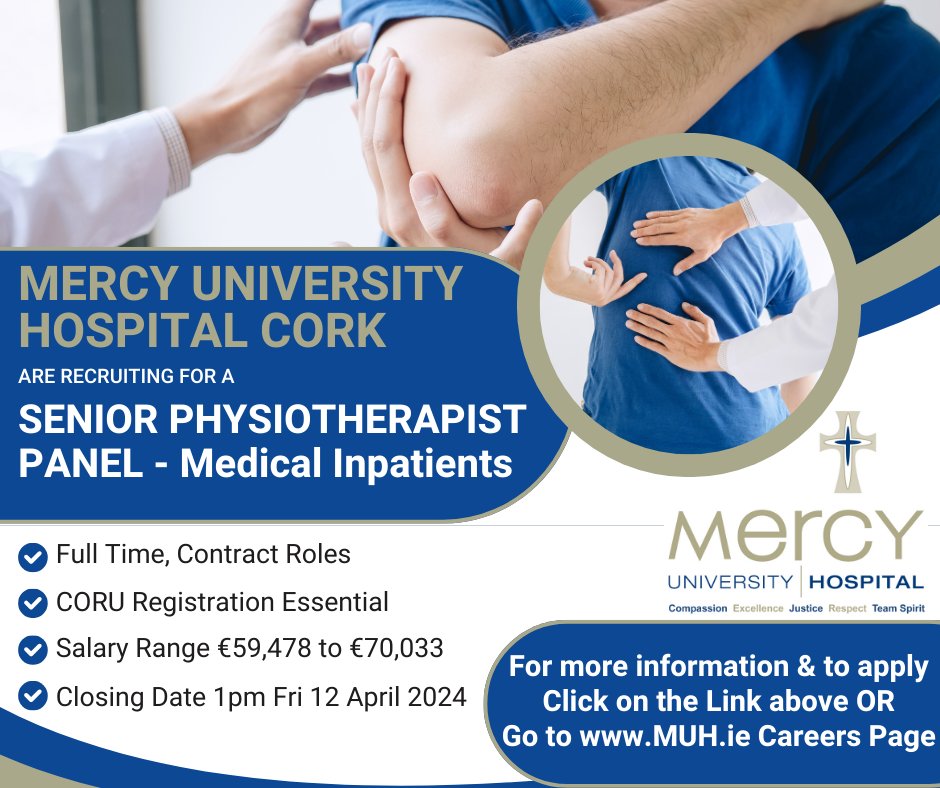 #physiotherapists! @MercyCork are recruiting for a Senior Physiotherapist Panel (Medical Inpatients). If this is your area of interest, apply now by clicking this link: api.occupop.com/shared/job/sen… #CORU #SeniorPhysiotherapist #Physiotherapy #MedicalInpatients #HSEJobs #NHSjobs