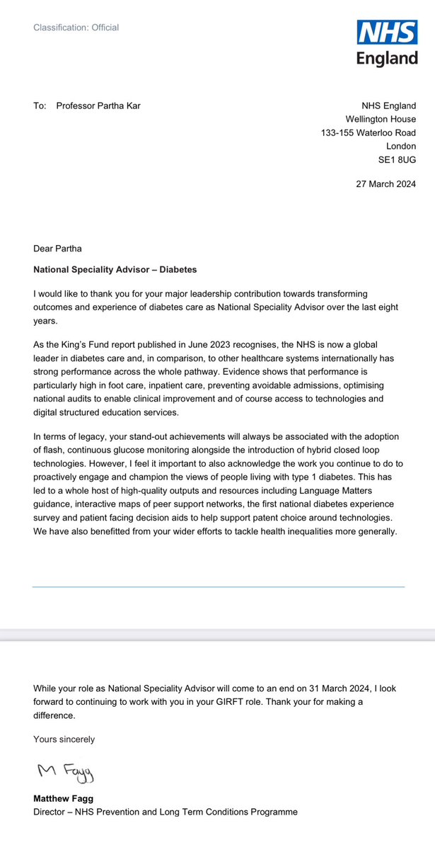 And finally? The last day as National Specialty Advisor @NHSEngland 2016- 2024 The mission? To improve #T1diabetes care; Give a voice to those with #T1D Think we did ok 🥹 And a nice touch from @NHSDiabetesProg Been an honour to serve I know Ma was proud 🥲 x #gbdoc 💙