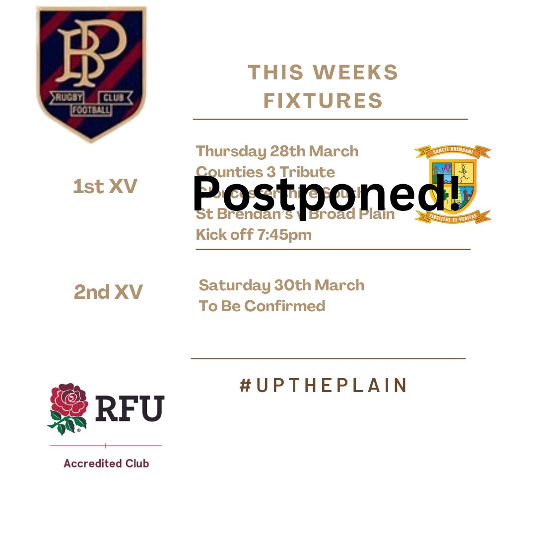 Tonight’s game away to @st_brendans_rfc has now been postponed due to waterlogged pitches. The game will played on the Wednesday April 10th 🔵🔴🟡 #uptheplain