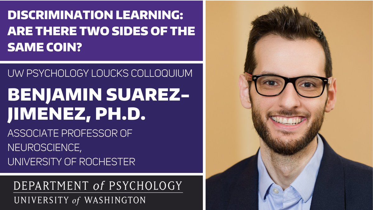 Join us on Wed., April 3 at 3:30pm PT for a Loucks colloquium with Benjamin Suarez-Jimenez, Ph.D., (@ZVR_BSJ), Associate Professor of Neuroscience, @URNeuroscience @UofR @URochester_SMD @ZVRLab. Event details: psych.uw.edu/events?trumbaE… #discriminationlearning #psychpathology #VR