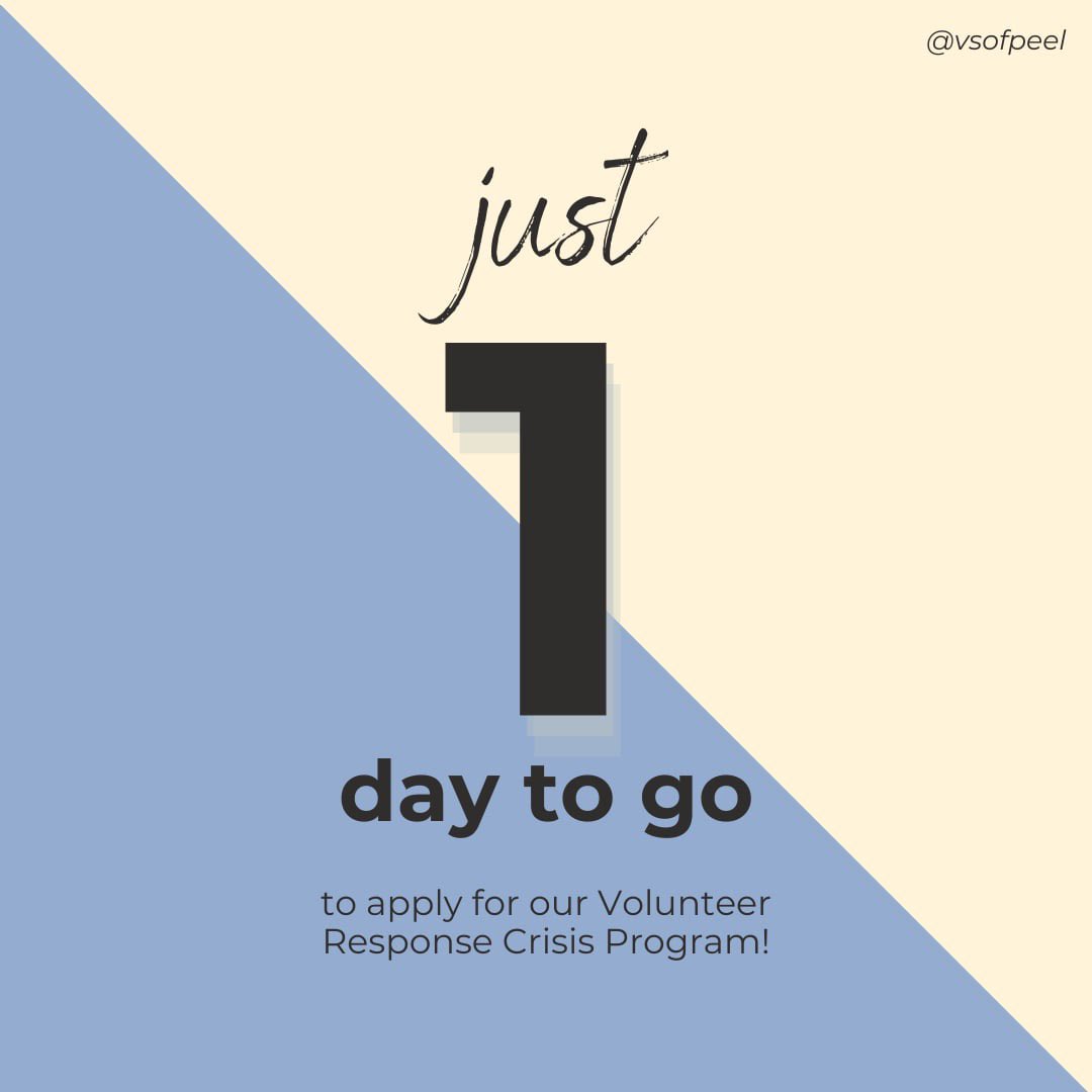 Only 1 day left to apply for our Volunteer Crisis Response Program‼️ Apply now to be a part of an impactful organization supporting and advocating for survivors across Peel Region: vspeel.org/volunteerwithus #Volunteers #VolunteersNeeded #VolunteerOpportunities #MakeADiffefence