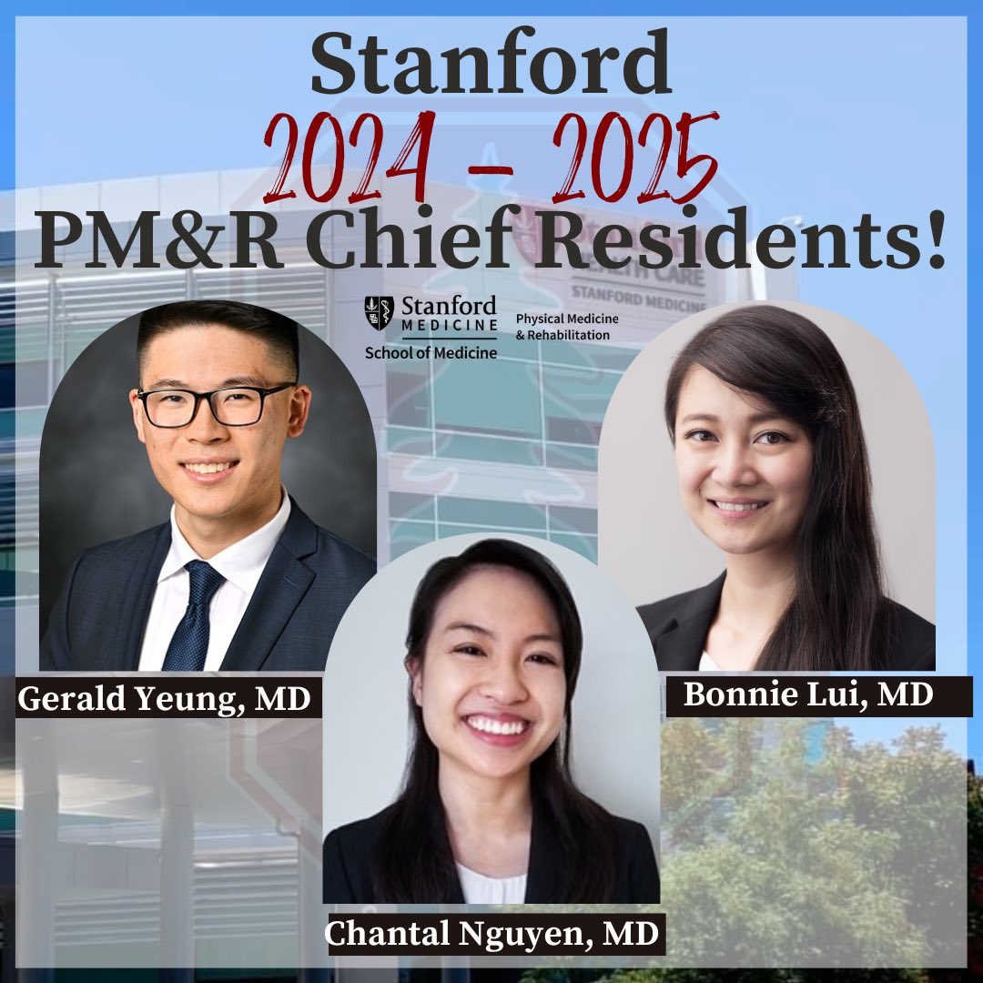 We are so excited to announce our 2024-2025 Academic year Stanford PM&R Chiefs… Bonnie Lui, MD, Chantal Nguyen, MD, and Gerald Yeung, MD. They have big shoes to fill and we are so grateful for them stepping up to the challenge… best of the best!!! #stanfordpmr #chiefresidents