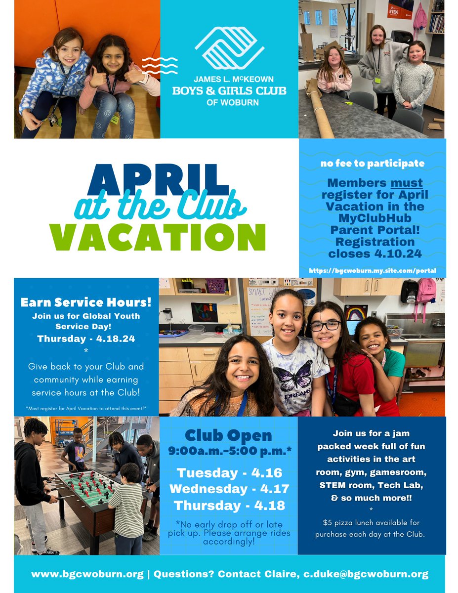 April Vacation is just around the corner and we are excited to be offering a few days of programming for our Club members! Check out our website to see how you can get involved: bgcwoburn.org/april-vacation…