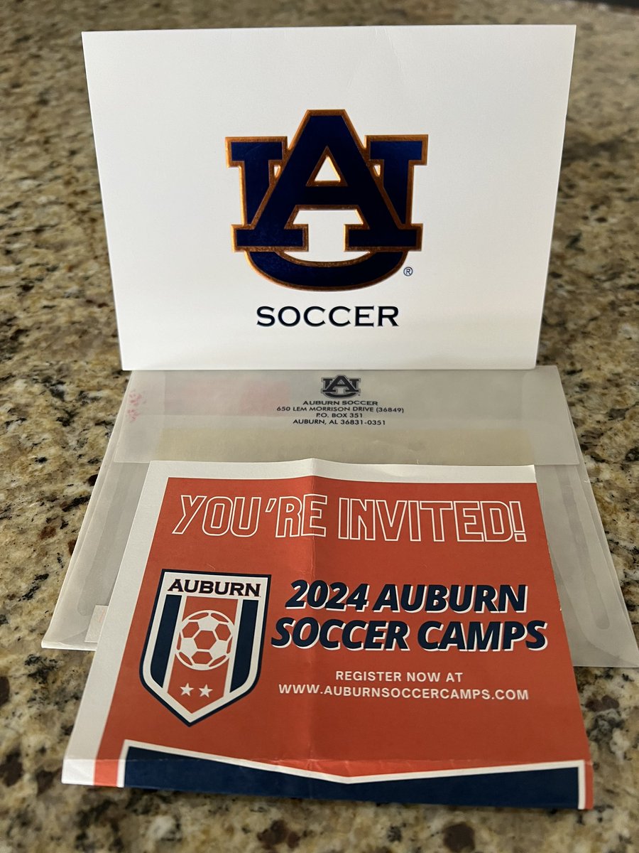 Thank you @AuburnSoccer for the mail received! Looking forward to being on campus soon. @AUCoachHoppa @BennyMadsen1 @nflohre @ImYouthSoccer @PrepSoccer @TopDrawerSoccer @CoachTatu @StingECNL08 #wareagle