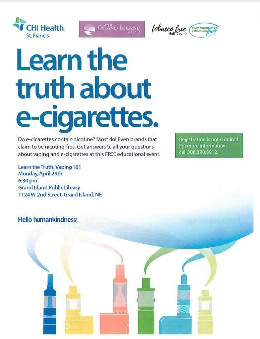 CHI Health St. Francis and the Hall County Tobacco Free Coalition are hosting a free educational event for the community at 6:30 pm on Monday, April 29 at the Grand Island Public Library, 1124 W 2nd St.  

buff.ly/3PzLUoE 

#MEDMagazine #CHIHealth #LearntheTruth:Vaping101